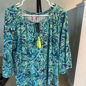Lilly Pulitzer Turquoise Blue Floral Tassel Tunic